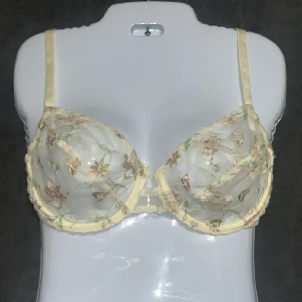Vintage Victoria's Secret 34D Unlined Underwire Bra Sheer Lace Pastel 80s USA